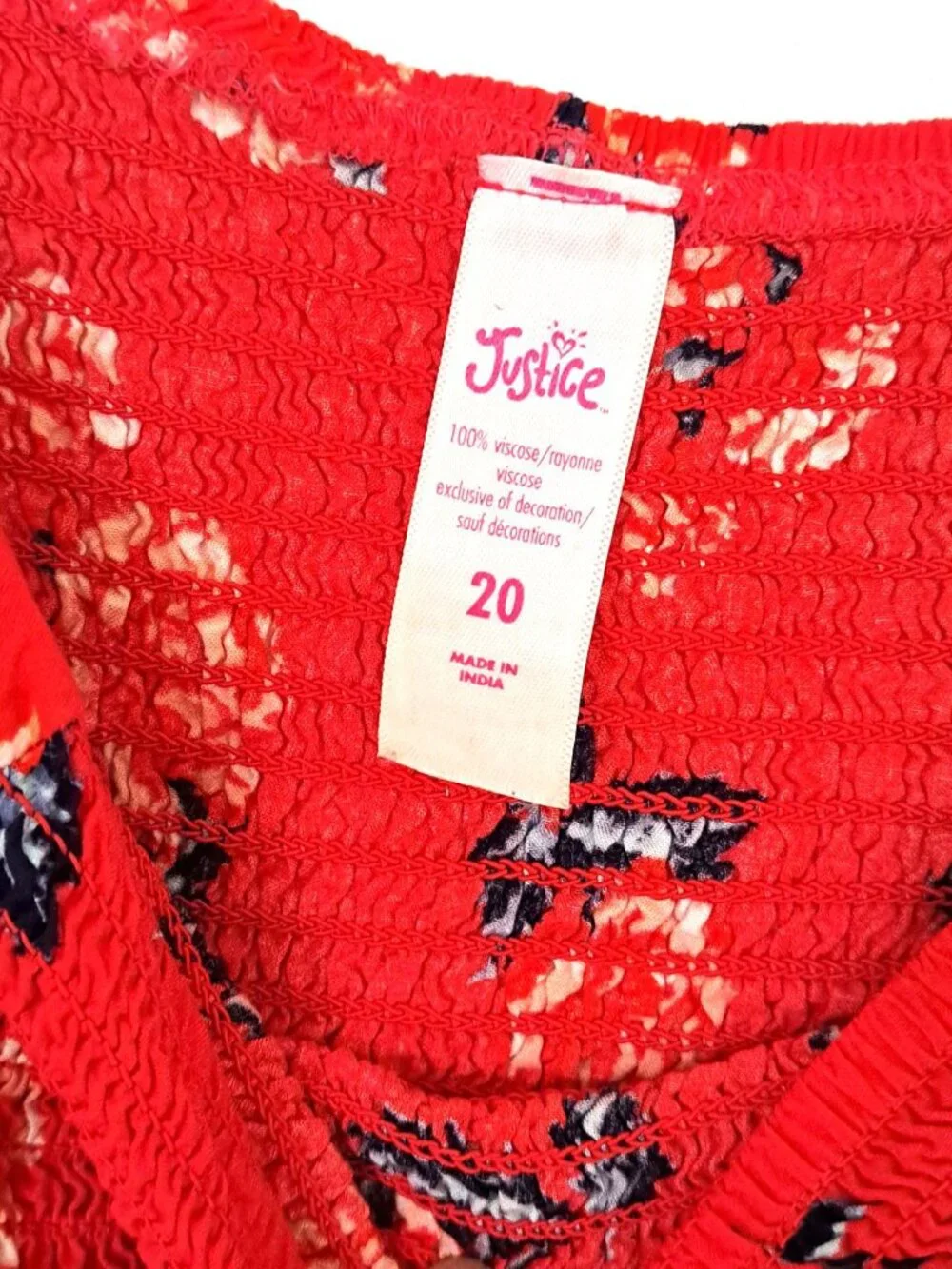 Justice Girls size 20 Red Shirred Bodice Floral Print Dress with Tasseled Bow